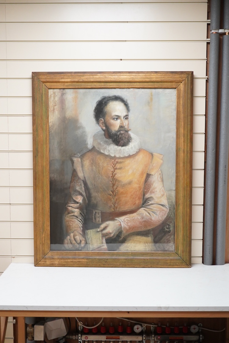 19th century School, Portrait of a gentleman possibly Francisco Pizarro, Conquistador (1475-1571), seated three quarter length wearing a leather tunic and white ruff and holding a letter, indistinctly signed, oil and mix